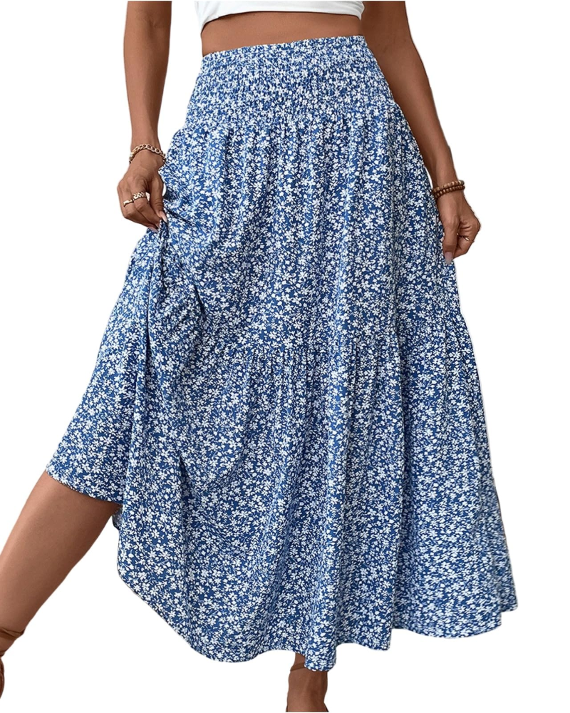 Camila Falda Maxi Mujer – Floral con Cintura Alta Elástica y Bolsillos