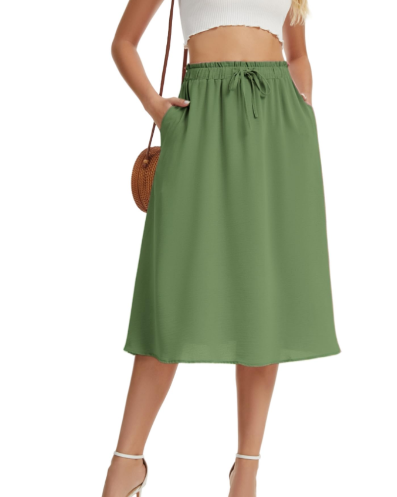 Quinn Falda Midi Mujer – Estilo Lino con Cintura Elástica, Cordón y Bolsillos