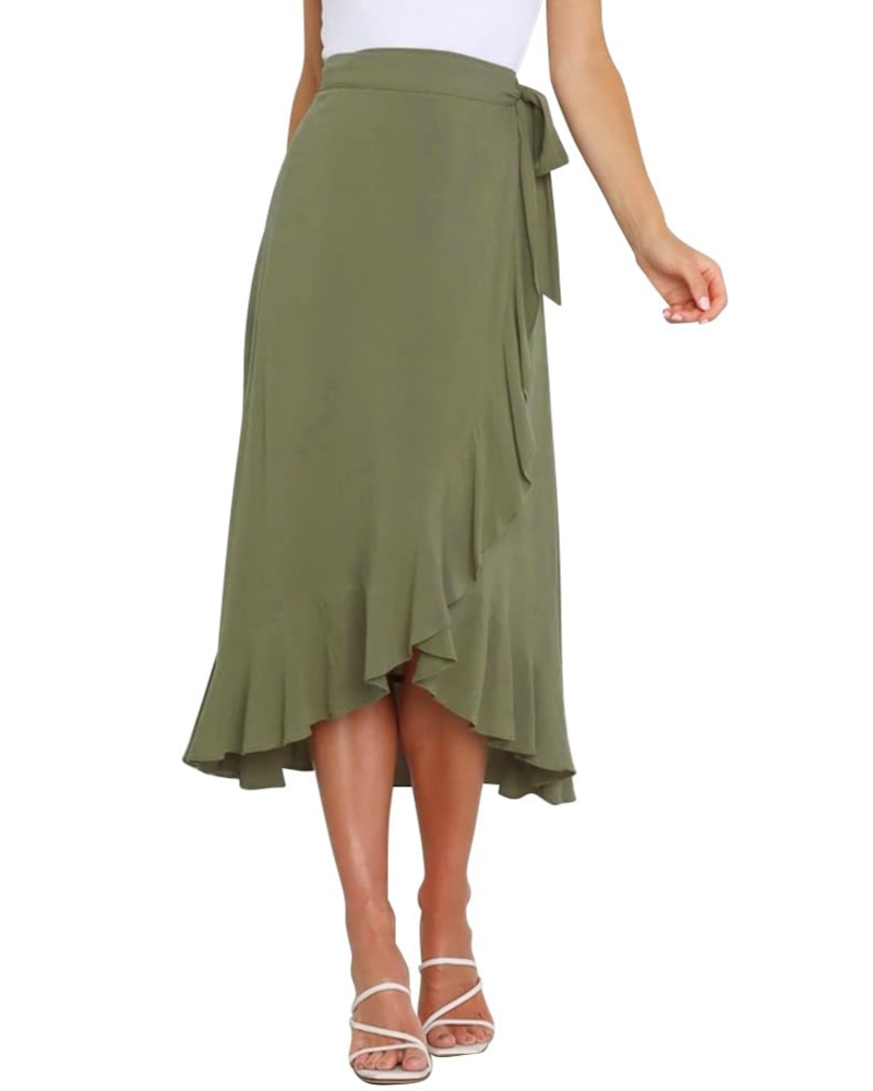 Olivia Falda Wrap Mujer – Corte Midi A-Line con Cintura Ajustable y Volante Asimétrico