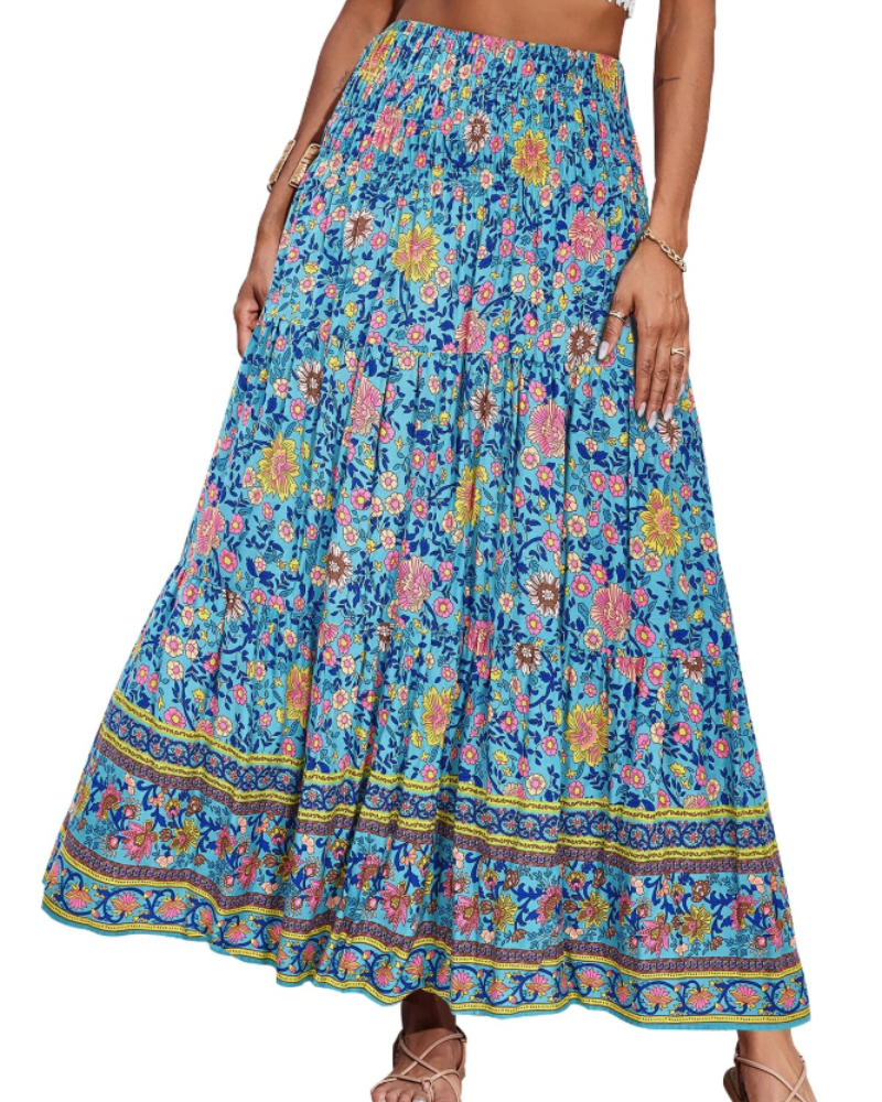 Bianca Falda Maxi Tallas Grandes – Boho Floral, Cintura Elástica y Bajo Plisado