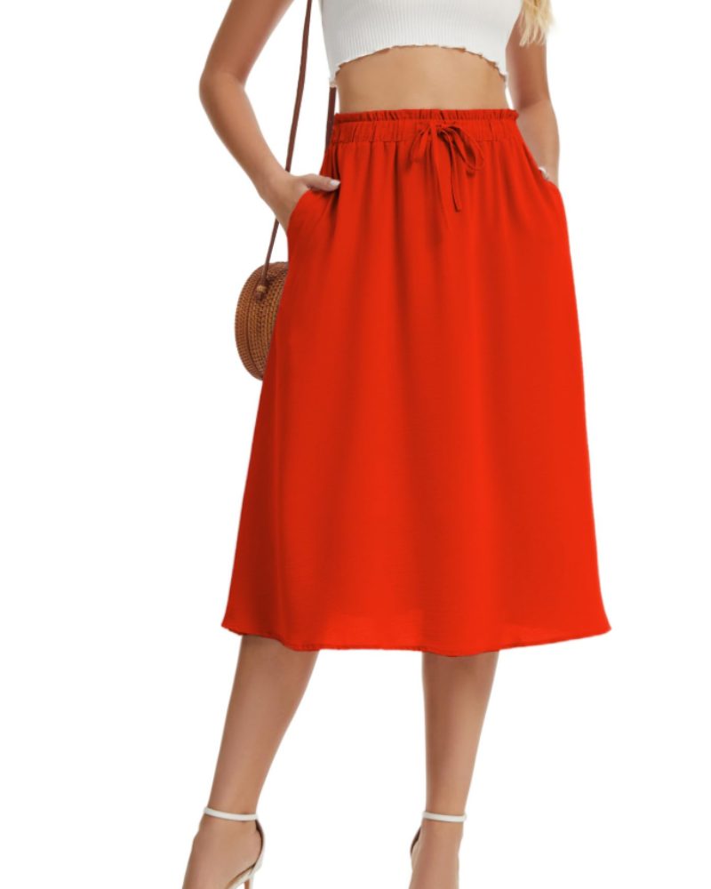 Quinn Falda Midi Mujer – Estilo Lino con Cintura Elástica, Cordón y Bolsillos