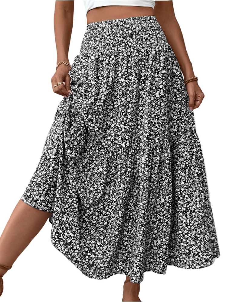 Camila Falda Maxi Mujer – Floral con Cintura Alta Elástica y Bolsillos