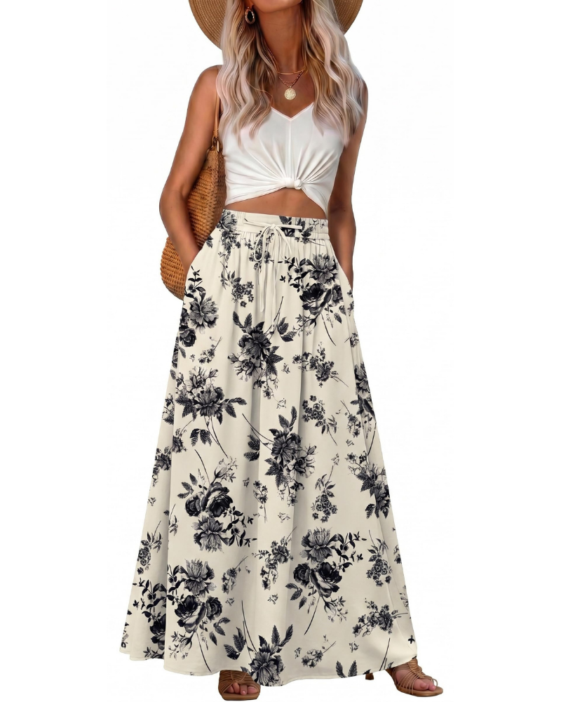 Jade Falda Maxi Mujer – Boho con Cintura Elástica, Cordón y Bolsillos