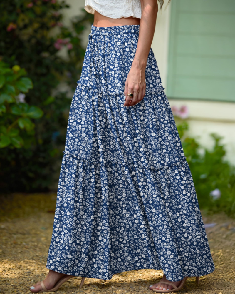 Penelope Falda Maxi Mujer – Falda Boho Floral con Cintura Elástica y Volantes en Capas