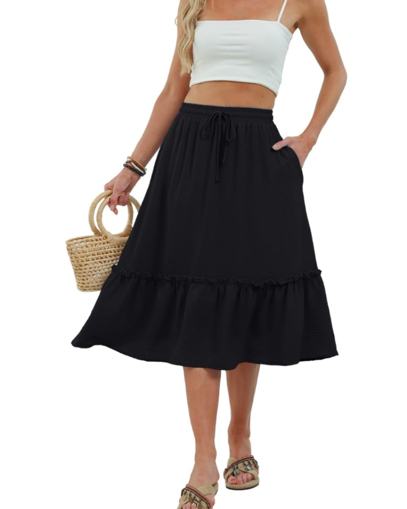 Freya Falda Midi Mujer – Falda Casual con Cintura Elástica, Cordón Ajustable y Bolsillos