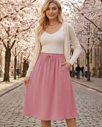 Quinn Falda Midi Mujer – Estilo Lino con Cintura Elástica, Cordón y Bolsillos