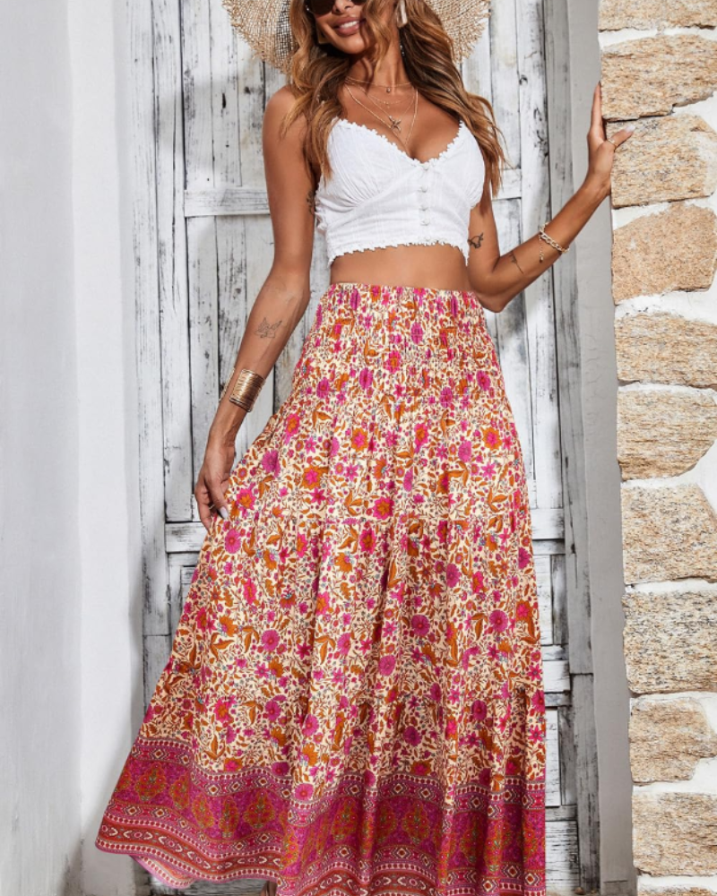 Bianca Falda Maxi Tallas Grandes – Boho Floral, Cintura Elástica y Bajo Plisado