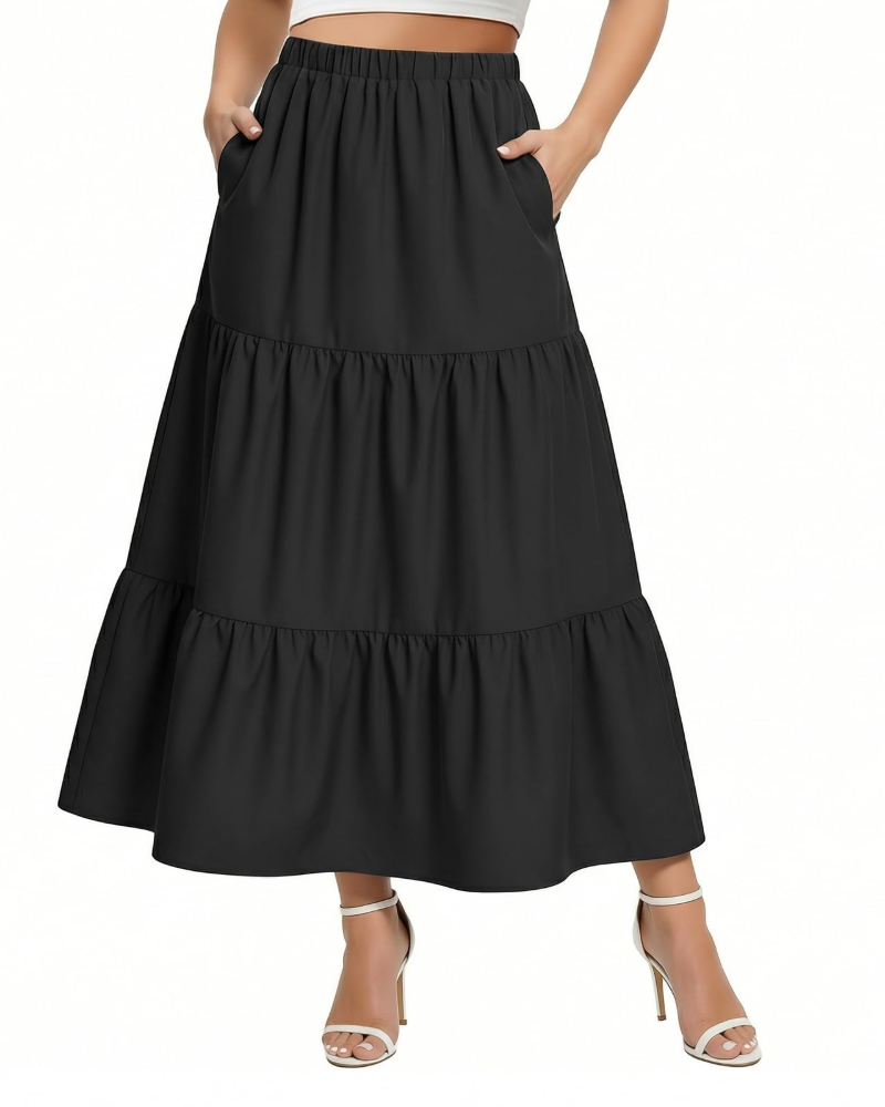 Hazel Falda Midi Mujer – Corte A-Line con Volantes, Cintura Alta y Bolsillos