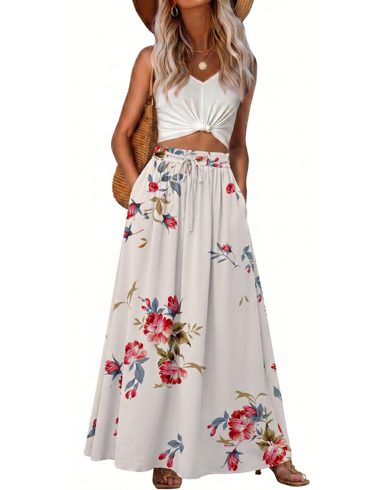 Jade Falda Maxi Mujer – Boho con Cintura Elástica, Cordón y Bolsillos