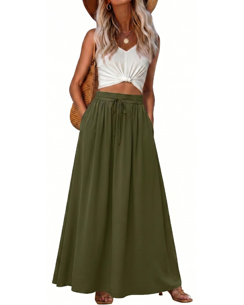 Jade Falda Maxi Mujer – Boho con Cintura Elástica, Cordón y Bolsillos
