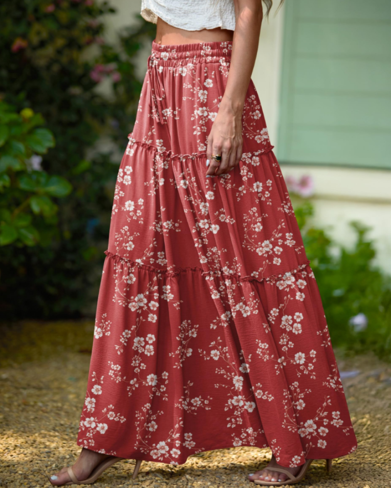 Penelope Falda Maxi Mujer – Falda Boho Floral con Cintura Elástica y Volantes en Capas