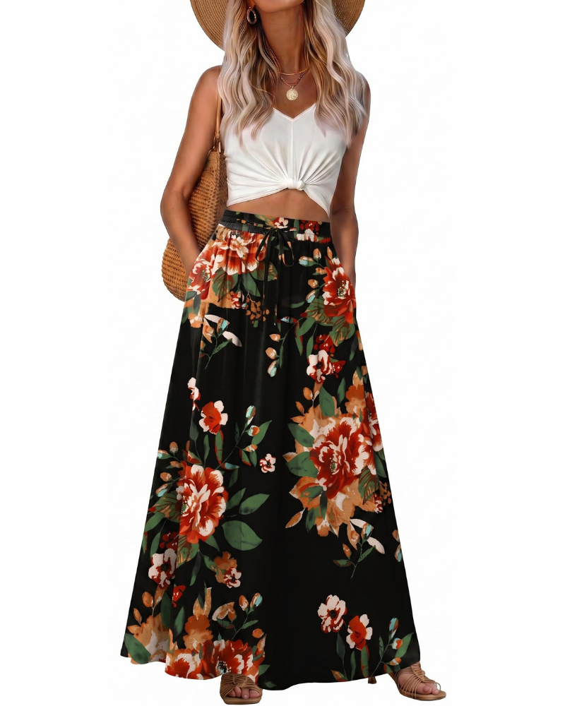 Jade Falda Maxi Mujer – Boho con Cintura Elástica, Cordón y Bolsillos