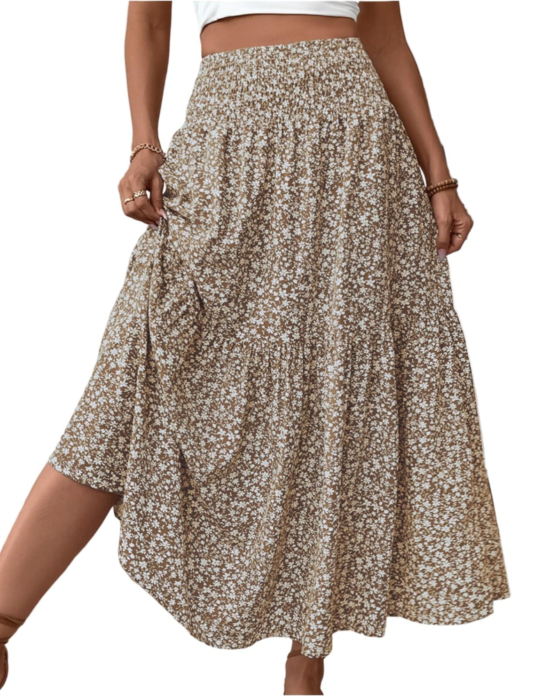 Camila Falda Maxi Mujer – Floral con Cintura Alta Elástica y Bolsillos