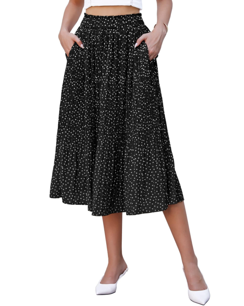 Stella Falda Midi Mujer – Plisada de Gasa con Estampado Lunares y Bolsillos Laterales