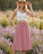 Quinn Falda Midi Mujer – Estilo Lino con Cintura Elástica, Cordón y Bolsillos