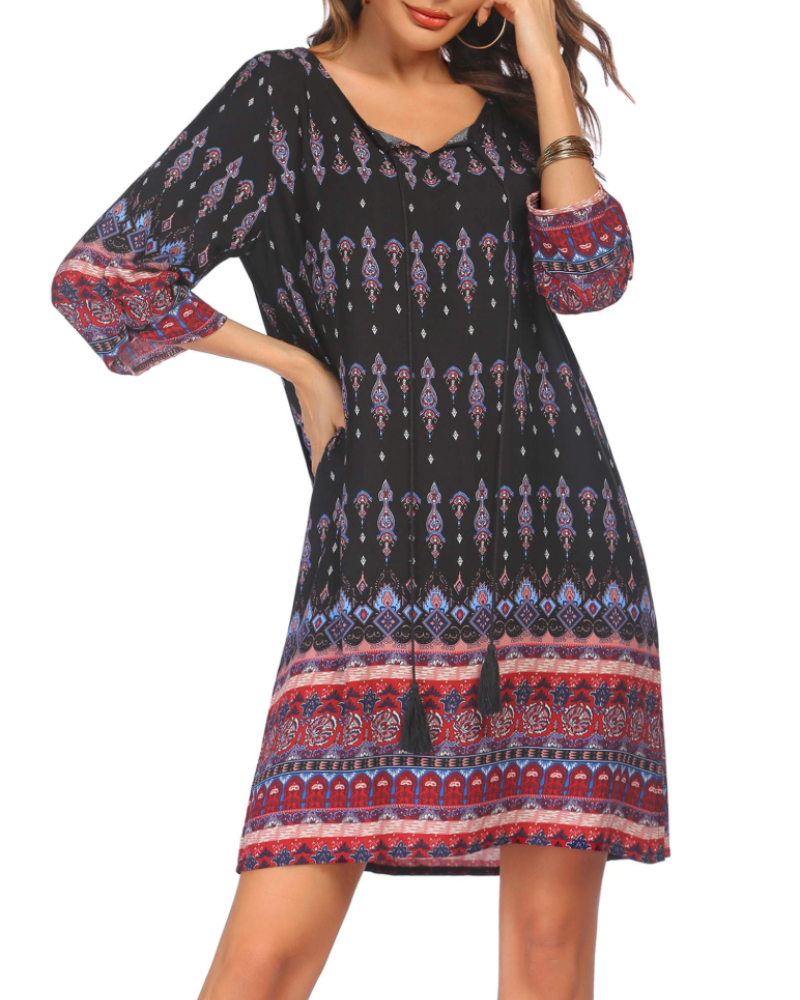 Robe Tunique Keira Femme – Viscose, Col en V, Manches 3/4 et Imprimé Bohème