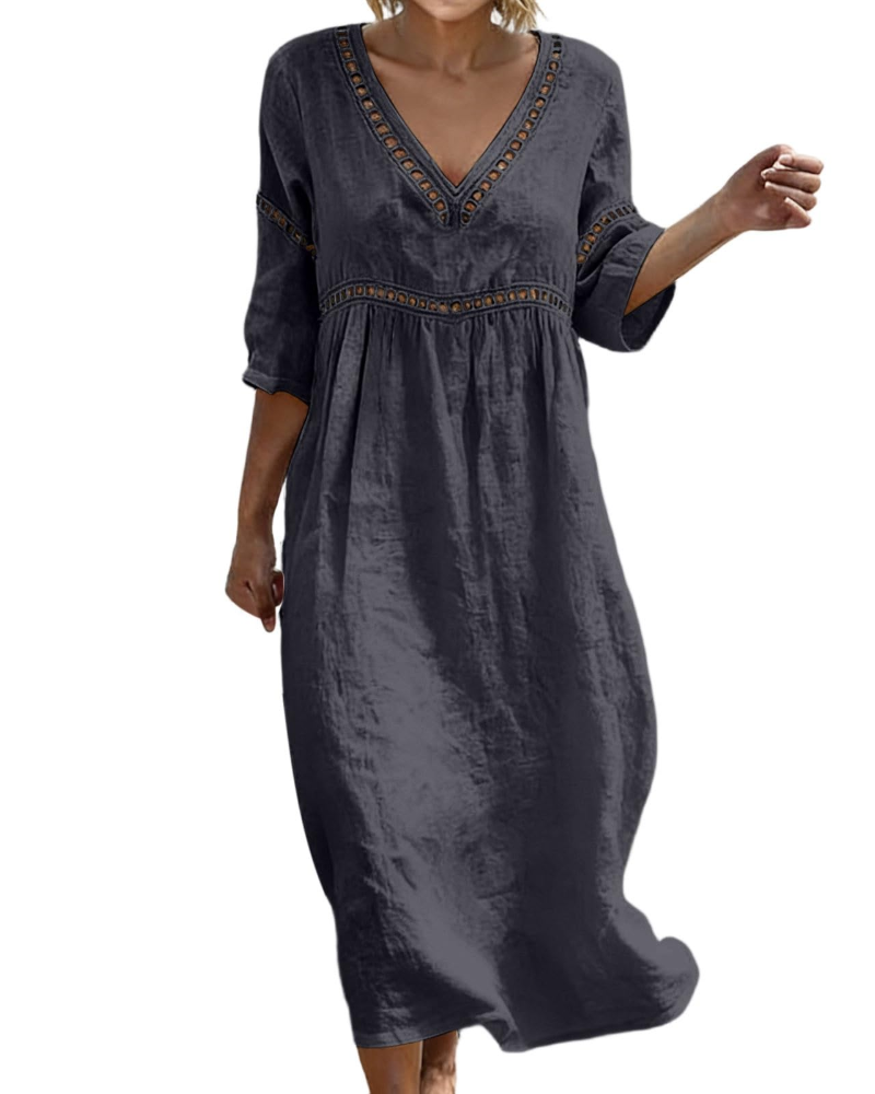 Victoria Vestito Maxi Donna – Cotone e Lino, Scollo a V e Manica 3/4