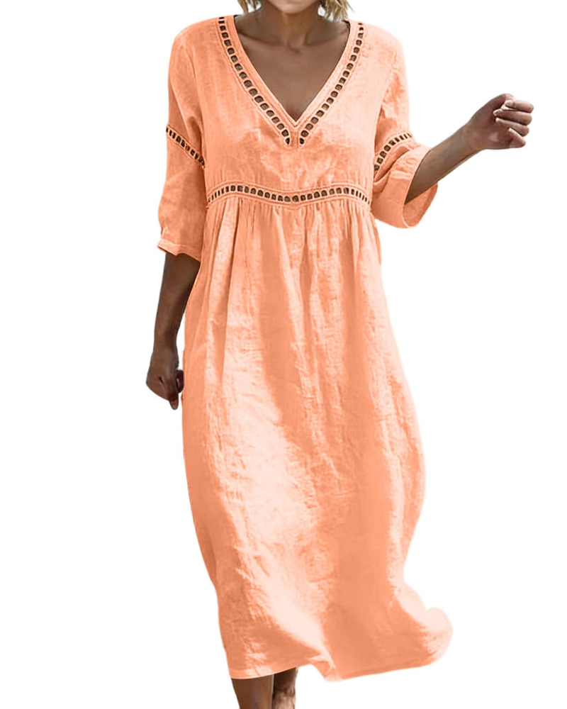 Victoria Vestito Maxi Donna – Cotone e Lino, Scollo a V e Manica 3/4