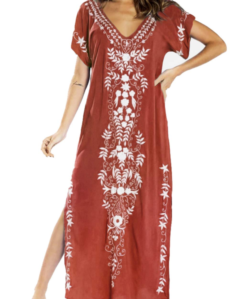 Bianca Vestido Kaftán Mujer – Bordado Floral, Corte Oversize y Tejido Ligero
