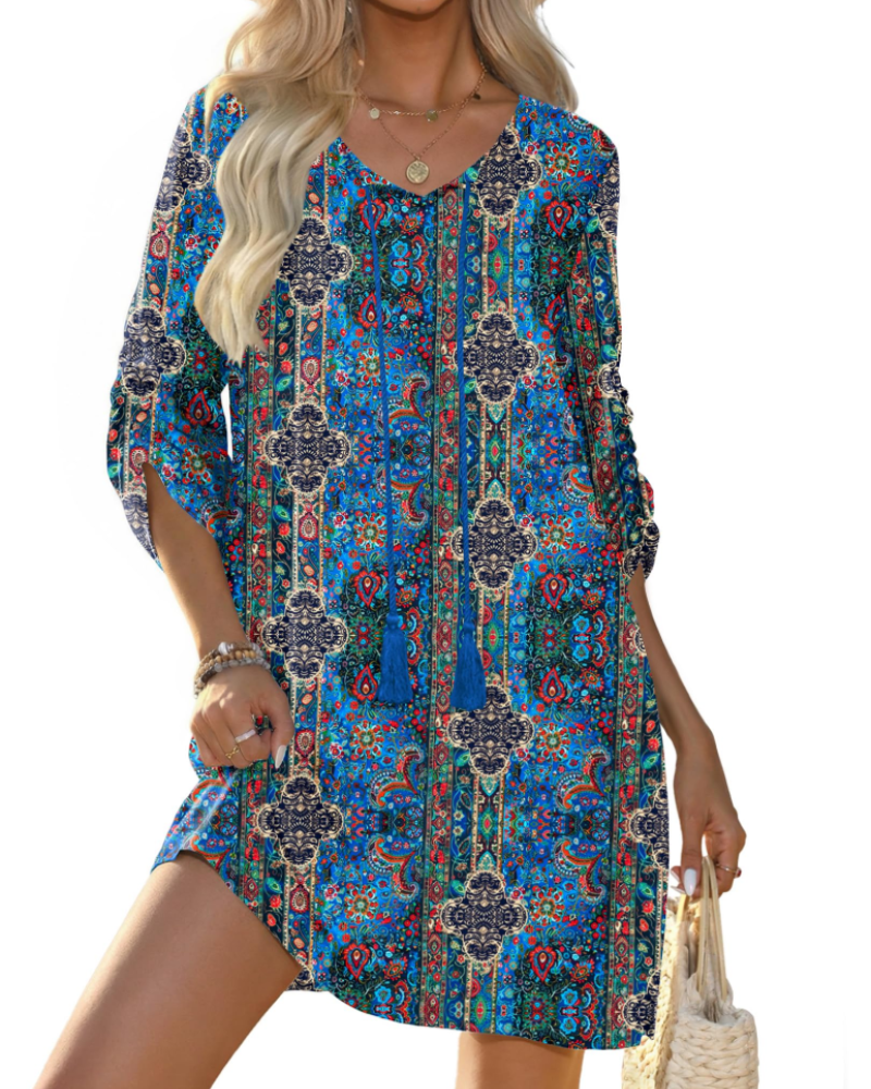 Robe Tunique Keira Femme – Viscose, Col en V, Manches 3/4 et Imprimé Bohème