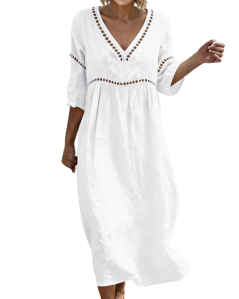Victoria Vestito Maxi Donna – Cotone e Lino, Scollo a V e Manica 3/4
