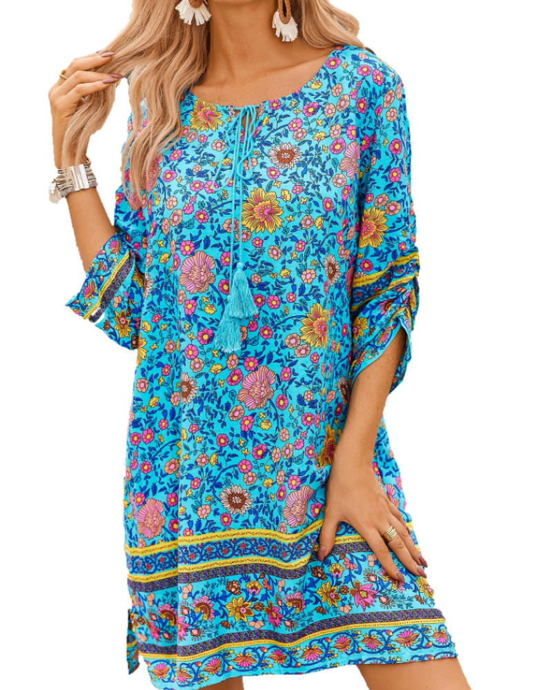 Robe Tunique Keira Femme – Viscose, Col en V, Manches 3/4 et Imprimé Bohème