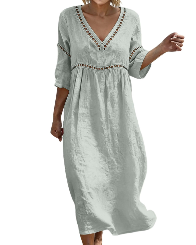 Victoria Vestito Maxi Donna – Cotone e Lino, Scollo a V e Manica 3/4
