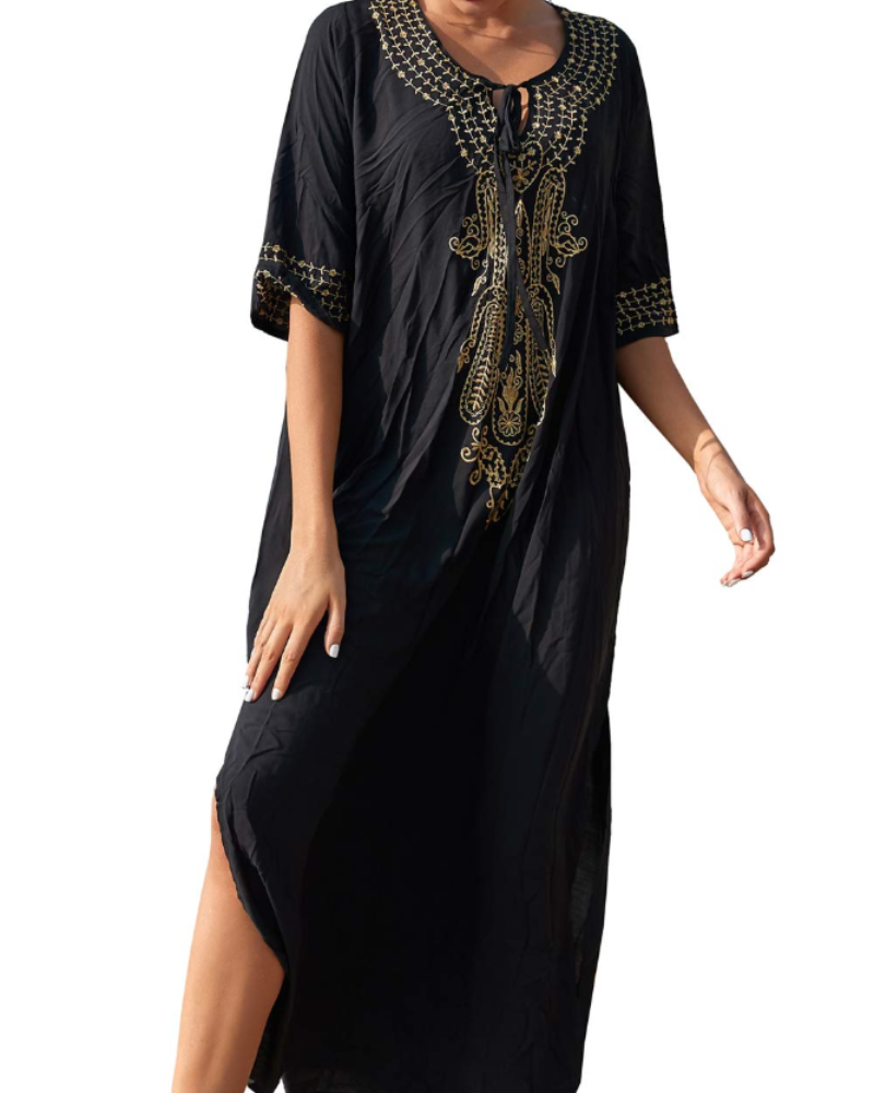 Bianca Vestido Kaftán Mujer – Bordado Floral, Corte Oversize y Tejido Ligero