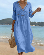 Victoria Vestido Maxi Mujer – Algodón y Lino, Cuello en V y Manga 3/4