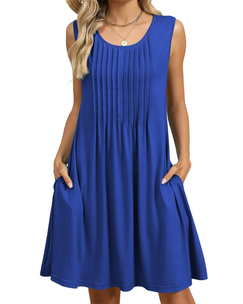 Avery Vestido Midi Floral Mujer – Corte A, Sin Mangas, Pliegues y Bolsillos