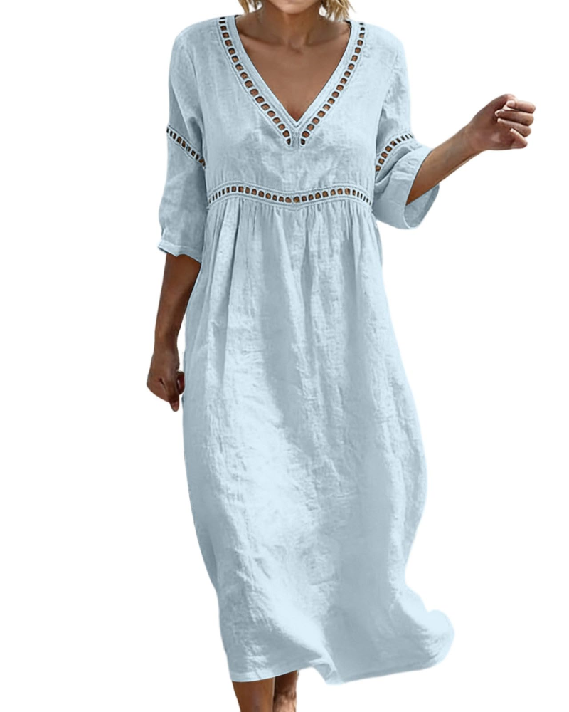 Victoria Vestito Maxi Donna – Cotone e Lino, Scollo a V e Manica 3/4