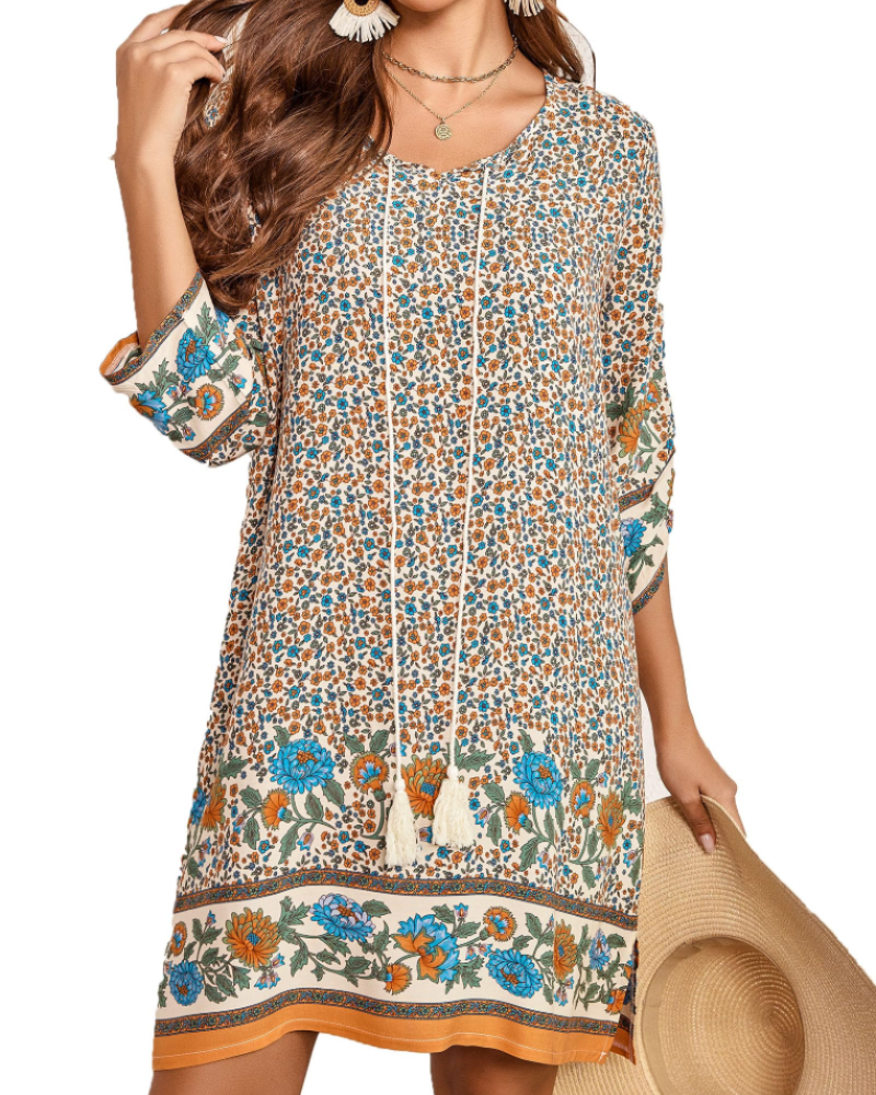 Keira Vestito Tunica Donna – Viscosa, Scollo a V, Manica 3/4 e Stampa Boho