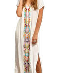 Bianca Vestito Kaftan Donna – Ricamo Floreale, Taglio Oversize e Tessuto Leggero