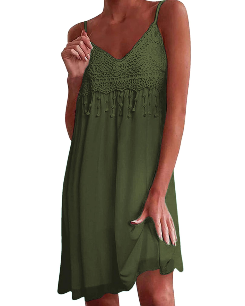 Lydia Vestido Mini Mujer – Tirantes Ajustables, Cuello en V, Encaje y Flecos