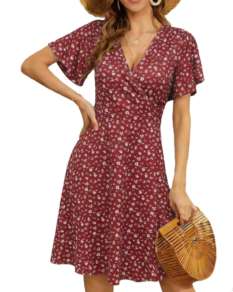 Rosalie Vestito Midi Incrociato Donna – Stampa Floreale, Scollo a V e Maniche a Volant