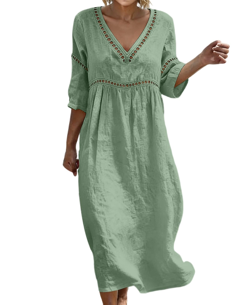 Victoria Vestito Maxi Donna – Cotone e Lino, Scollo a V e Manica 3/4