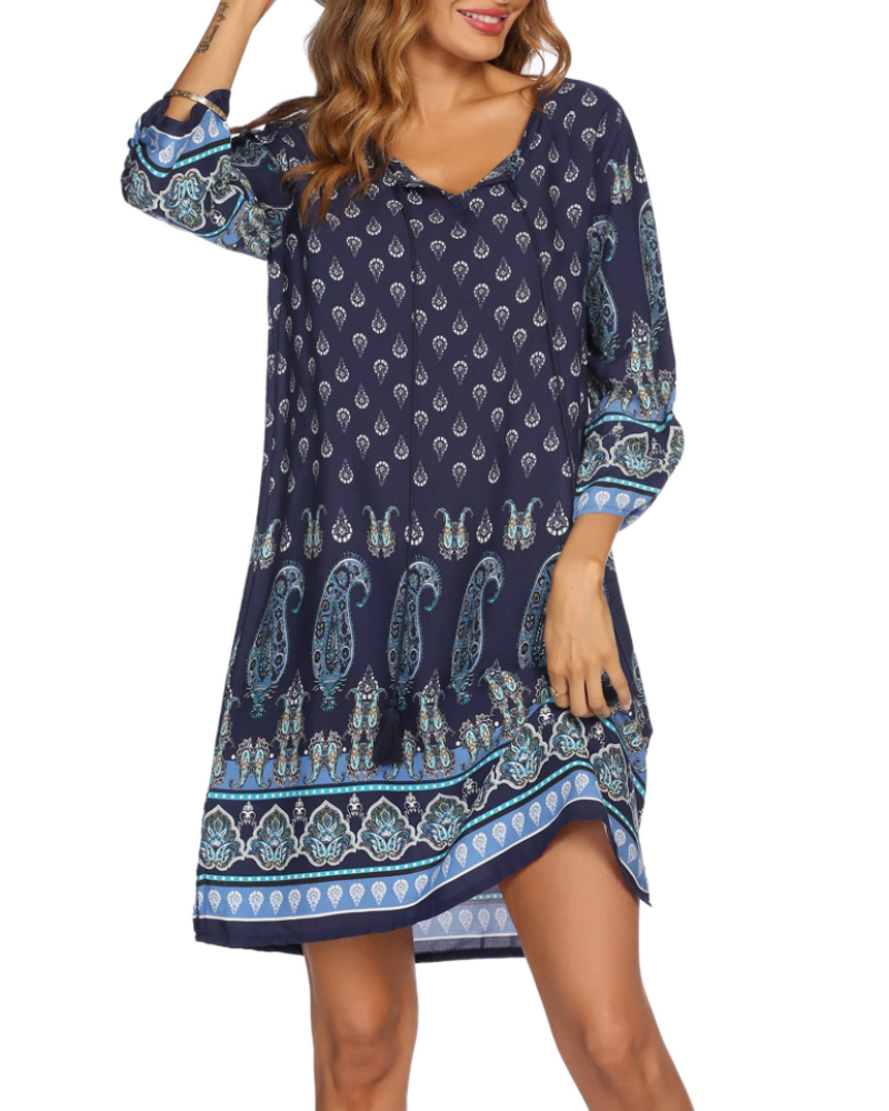 Robe Tunique Keira Femme – Viscose, Col en V, Manches 3/4 et Imprimé Bohème
