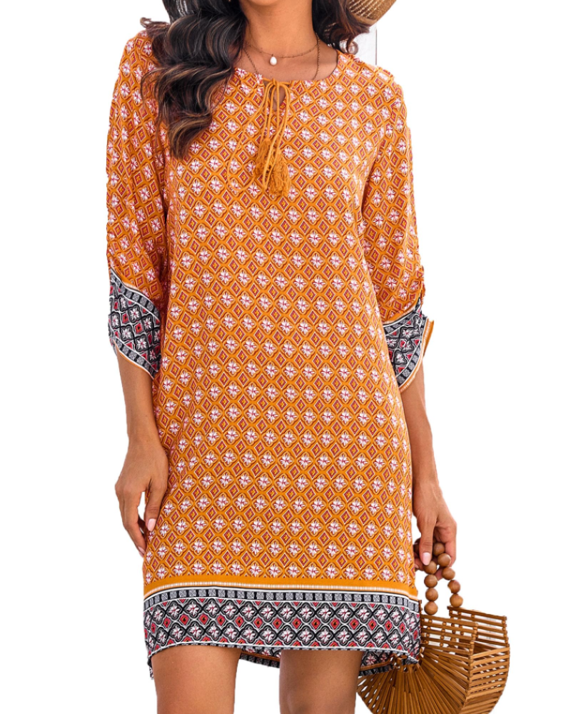 Robe Tunique Keira Femme – Viscose, Col en V, Manches 3/4 et Imprimé Bohème