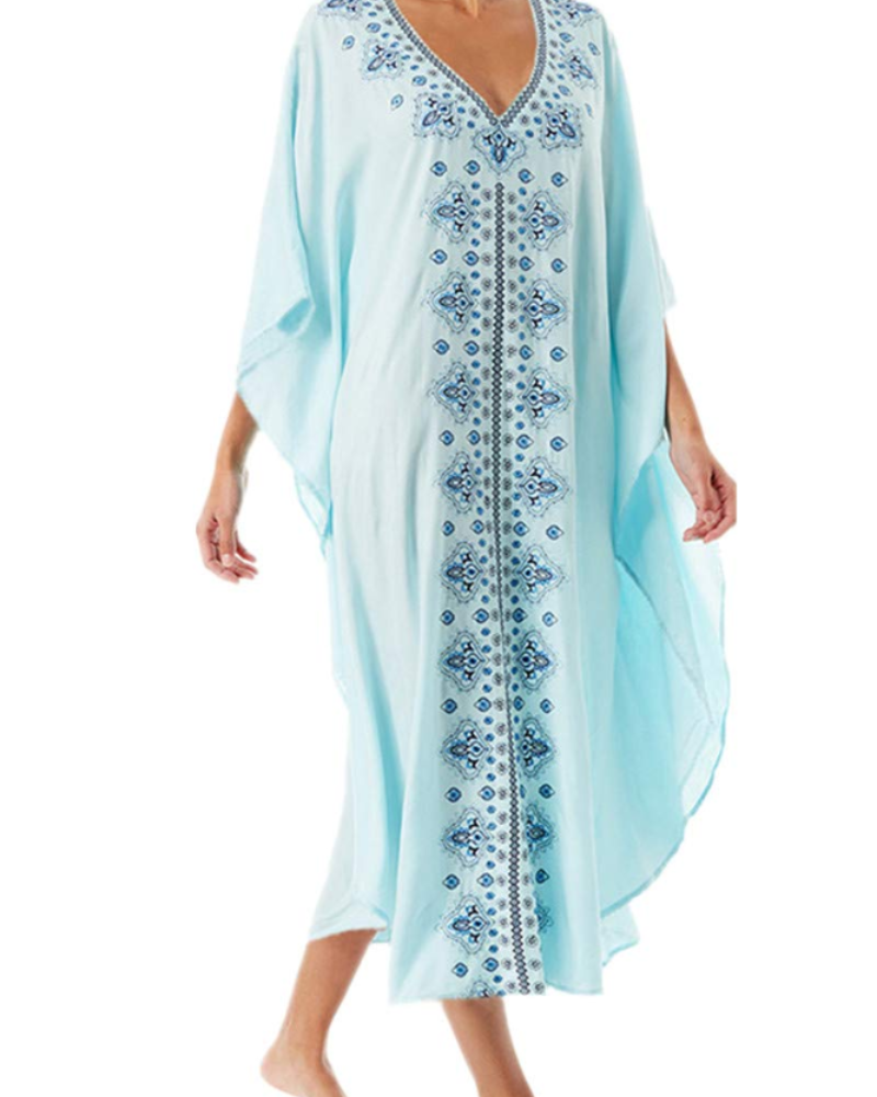 Bianca Vestido Kaftán Mujer – Bordado Floral, Corte Oversize y Tejido Ligero