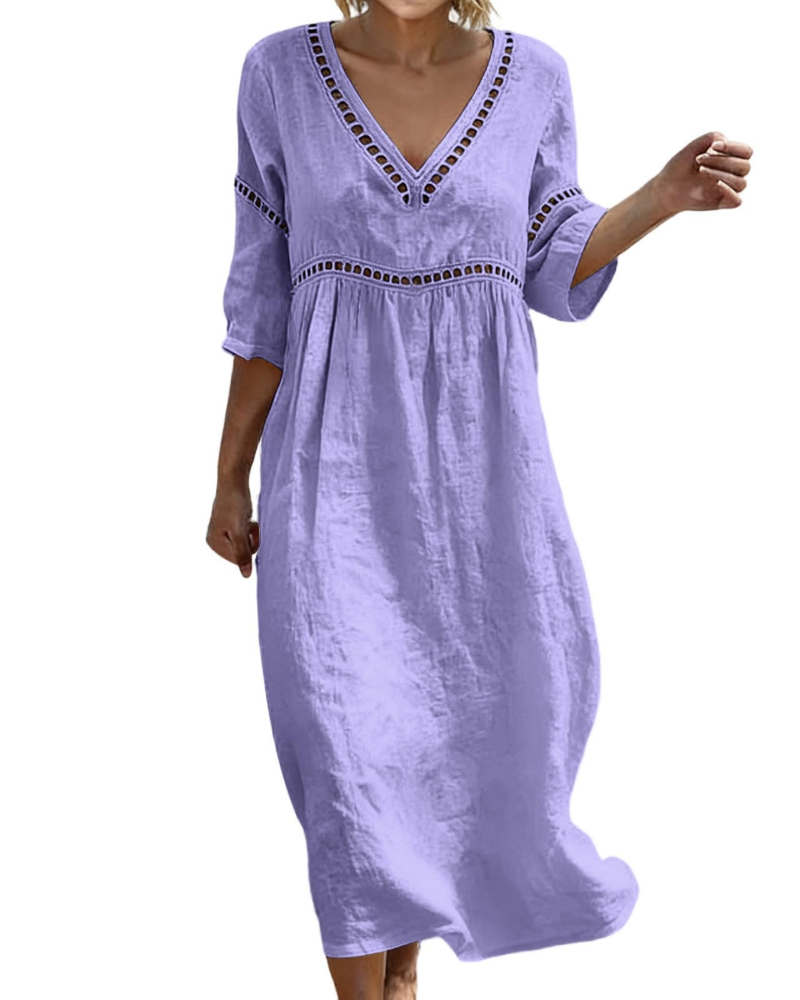 Victoria Vestito Maxi Donna – Cotone e Lino, Scollo a V e Manica 3/4