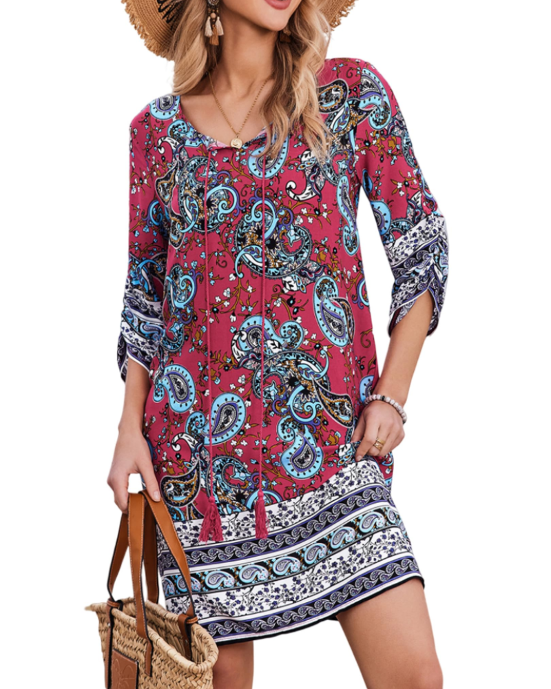 Robe Tunique Keira Femme – Viscose, Col en V, Manches 3/4 et Imprimé Bohème