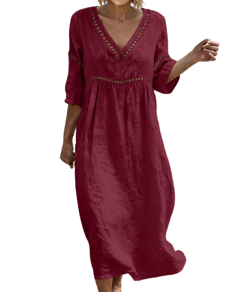 Victoria Vestito Maxi Donna – Cotone e Lino, Scollo a V e Manica 3/4