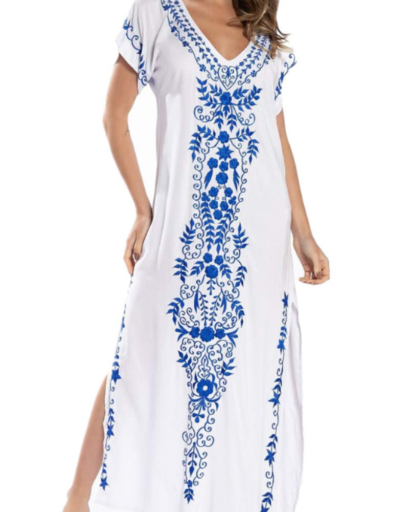Bianca Vestido Kaftán Mujer – Bordado Floral, Corte Oversize y Tejido Ligero