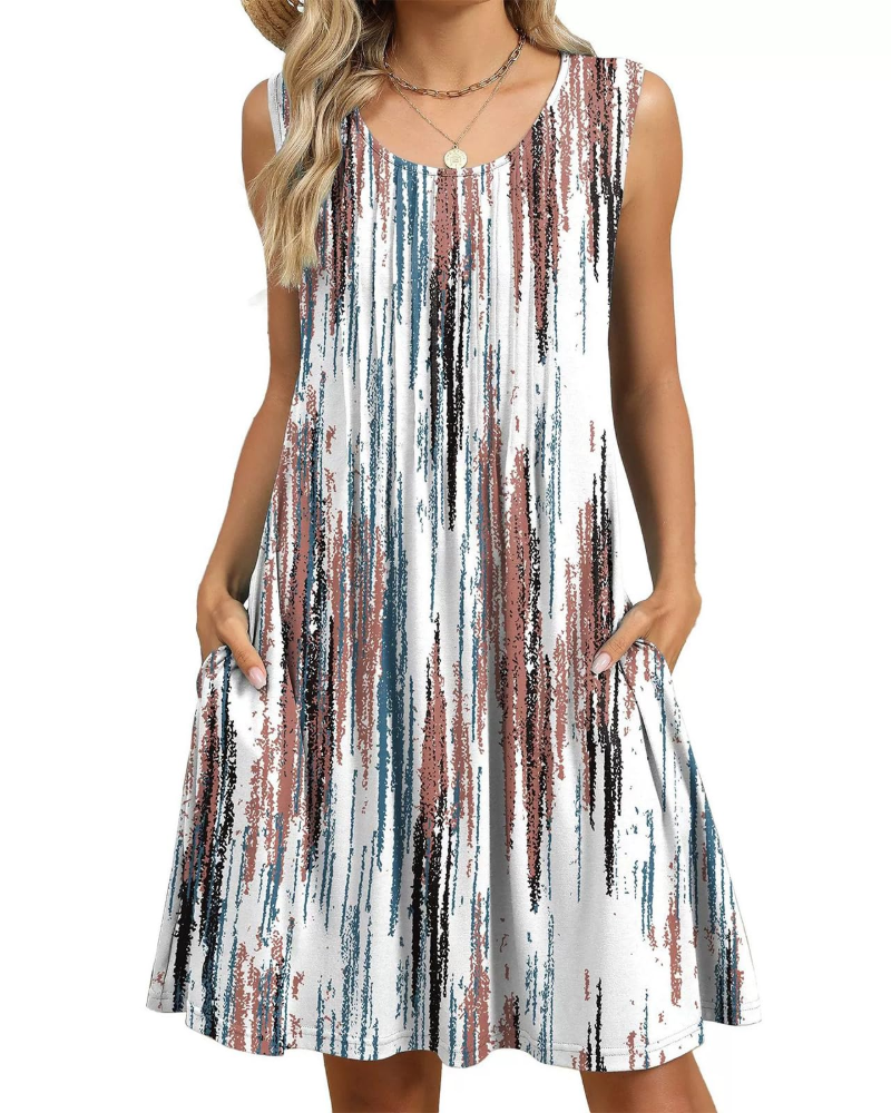 Robe Midi Florale Avery Femme – Coupe A, Sans Manches, Plis et Poches
