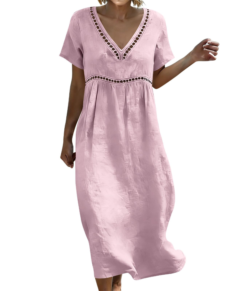 Victoria Vestito Maxi Donna – Cotone e Lino, Scollo a V e Manica 3/4