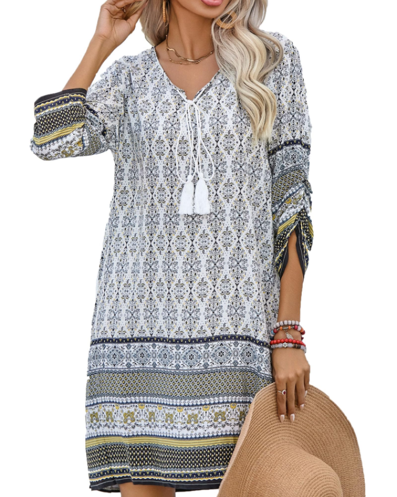 Robe Tunique Keira Femme – Viscose, Col en V, Manches 3/4 et Imprimé Bohème