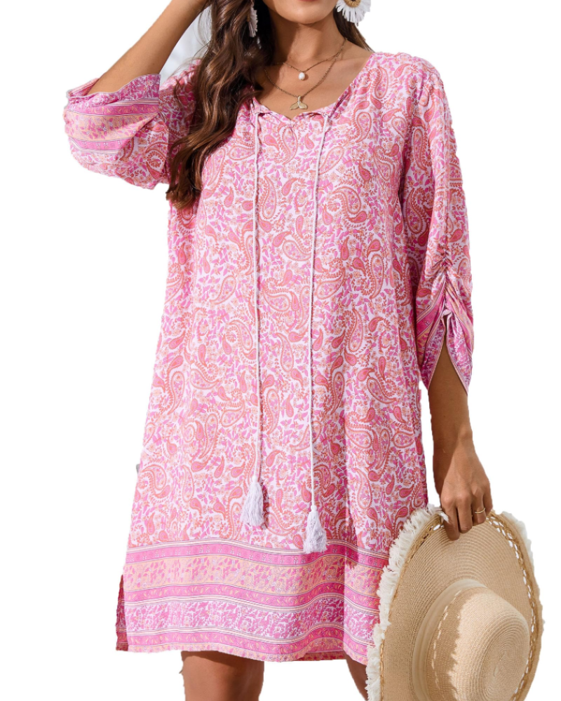 Robe Tunique Keira Femme – Viscose, Col en V, Manches 3/4 et Imprimé Bohème