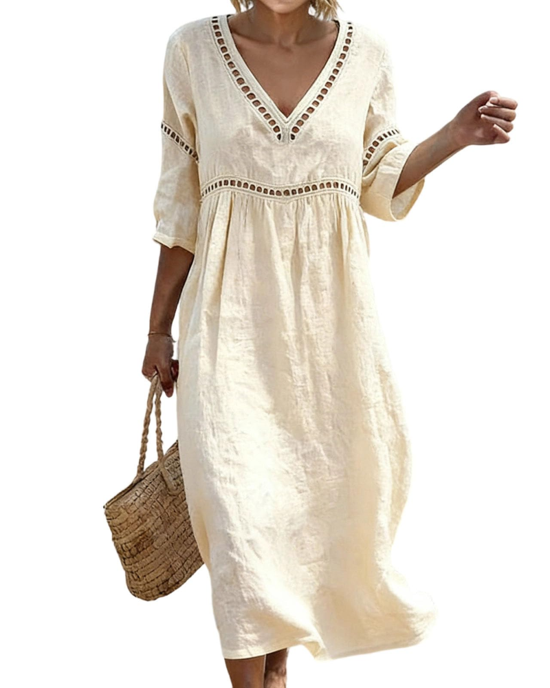 Victoria Vestito Maxi Donna – Cotone e Lino, Scollo a V e Manica 3/4