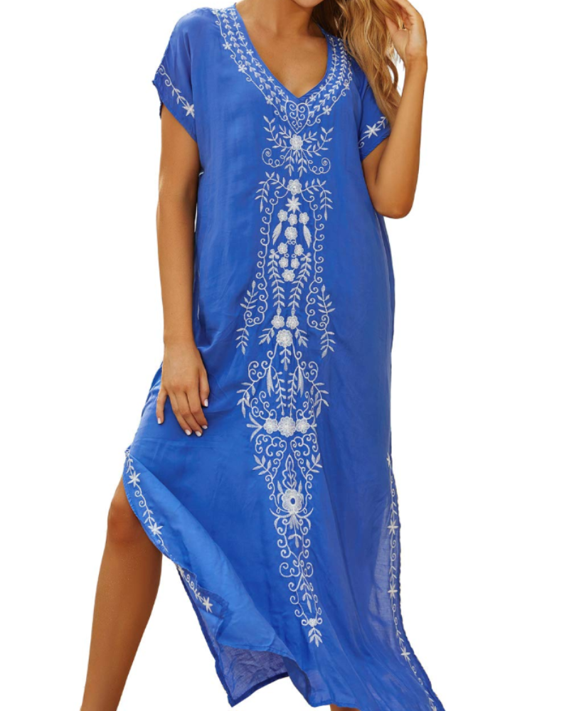 Bianca Vestido Kaftán Mujer – Bordado Floral, Corte Oversize y Tejido Ligero