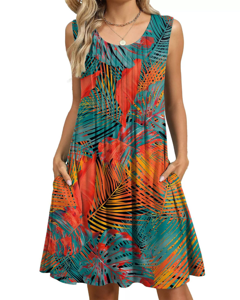 Robe Midi Florale Avery Femme – Coupe A, Sans Manches, Plis et Poches